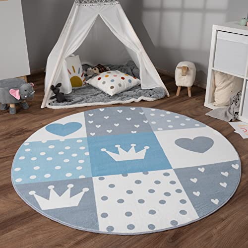 Paco Home Tappeto Bambini Cameretta Bambina Ragezzi Antiscivolo Arcobaleno Cuore Polkadot, Dimensione:Ø 120 cm Tondo, Colore:Blu