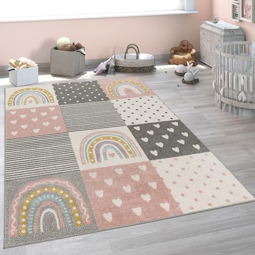 Paco Home Tappeto per Bambini cameretta Bambine Bambini Diversi Motivi e Dimensioni, Dimensione:120x160 cm, Colore: Crema Rosa Grigio