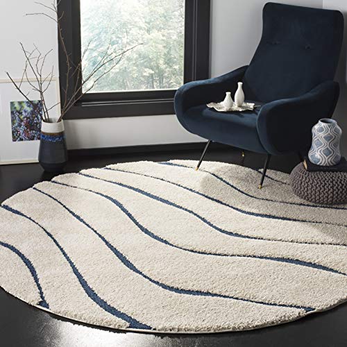 Safavieh Florida Shag Collection SG472 Tappeto a onde astratte senza pelucchi, per soggiorno, camera da letto, sala da pranzo, ingresso, peluche, spessore 3 cm, 122 x 122 cm, colore: Crema/Blu