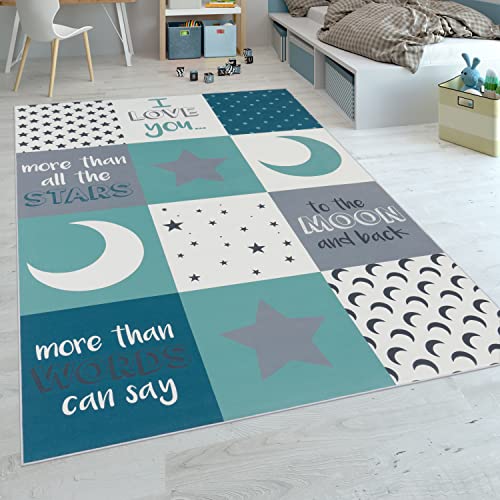 Paco Home Tappeto Per Bambini Stanza Dei Bambini Maschietti Cuori Stelle Luna Detto Blu Grigio, Dimensione:120x160 cm