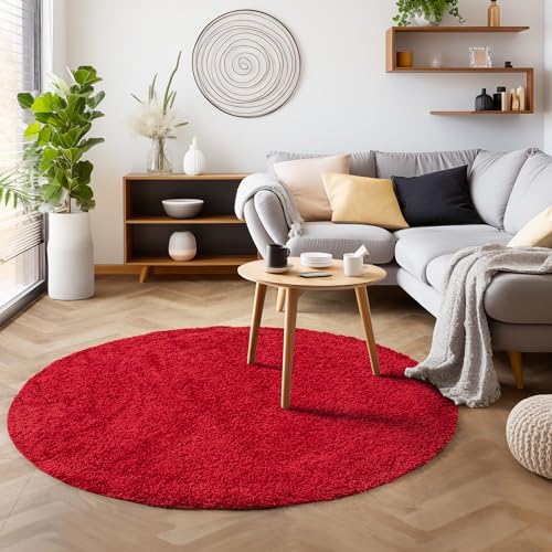 SIMPEX Tappeto pelo lungo, Unicolor Monocroma, Tappeto Rosso, 80 cm Rotondo, Tappeti in stile moderno, Tappeto soggiorno