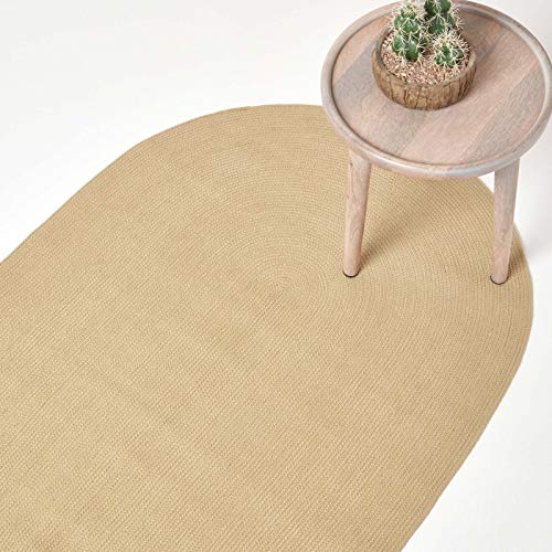 HOMESCAPES Tappeto ovale artigianale in tessuto piatto in cotone, per la camera o il salotto, 90 x 150 cm, beige