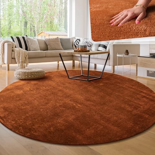 Paco Home Tappeto per soggiorno Unicolore Lavabile Morbido pelo corto morbido, Dimensione:Ø 120 cm tondo, Colore:Rame