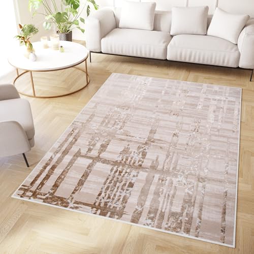 TAPISO Crystal Tappeto Pelo Corto Lucido Effetto 3D Design Moderno Motivo Astratto Geometrico Linee Sfumature Tonalità Marrone Beige Soggiorno Sala Camera OEKO-TEX 180 x 250 cm