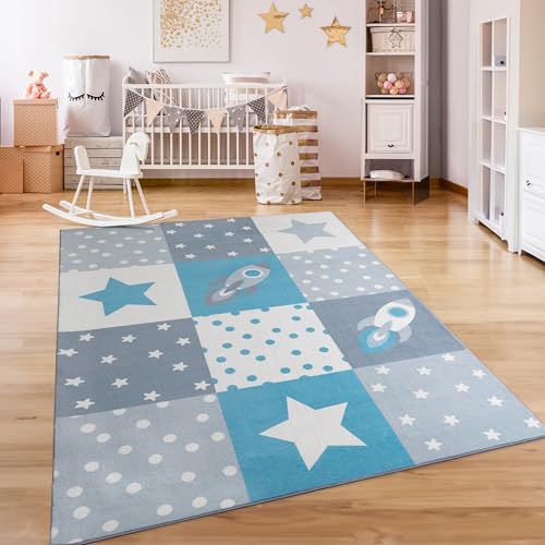 Paco Home Tappeto Bambini Cameretta Bambina Ragezzi Antiscivolo Arcobaleno Cuore Polkadot, Dimensione:120x160 cm, Colore:Blu 2