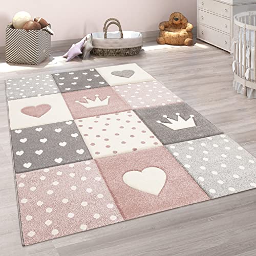 Paco Home Tappeto per Bambini A Quadri Cuori Corona Diversi Colori e Misure, Dimensione:160x230 cm, Colore:Pink