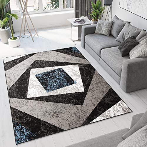 TAPISO Dream Tappeto Soggiorno Salotto Moderno Nero Grigio Blu Geometrico Quadrato A Pelo Corto 80 x 150 cm