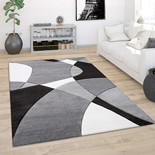 Paco Home Tappeto Salotto Pelo Corto Moderno Look 3D Contorni Rifilati Motivo Astratto, Dimensione:80x150 cm, Colore:Nero-Bianco