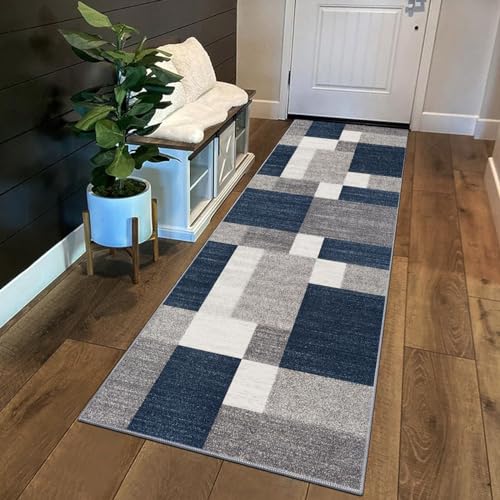 Siunwdiy Tappeto da Cucina Patchwork 3 metri Grigio Blu Bianco Tappeto Corridoio Passatoia Camera Da Letto Pelo Corto Tappeto Cucina Antiscivolo Lavabile Per Cucina Bagno Soggiorno 60x300cm