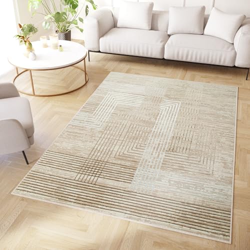 TAPISO Crystal Tappeto Pelo Corto Lucido Effetto 3D Design Moderno Motivo Astratto Geometrico Linee Simmetriche Beige Marrone Crema Soggiorno Sala Camera OEKO-TEX 120 x 170 cm