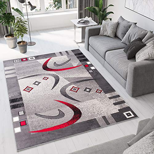 TAPISO Dream Tappeto Camera Soggiorno Salotto Moderno Grigio Rosso Astratto Geometrico A Pelo Corto 250 x 350 cm