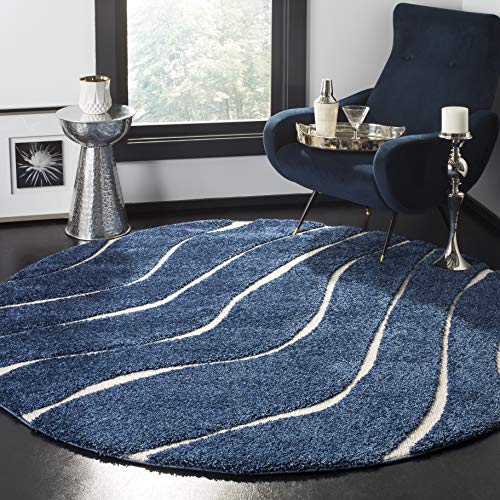 Safavieh Florida Shag Collection SG472 Tappeto rotondo con onde astratte, spessore 3 cm, 122 x 122 cm, colore: Blu scuro/Crema