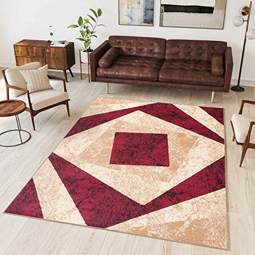 TAPISO Dream Tappeto Soggiorno Salotto Moderno Beige Rosso Geometrico Quadrato A Pelo Corto 80 x 150 cm