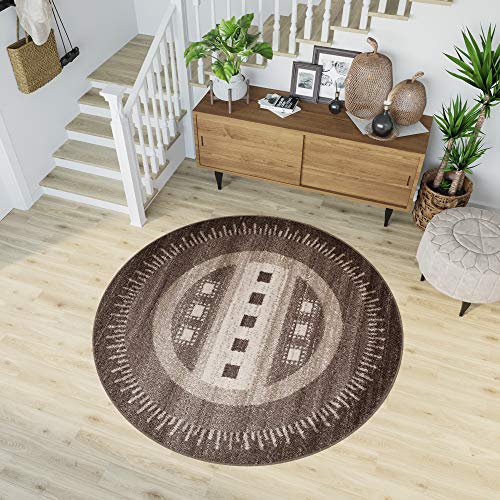 TAPISO Sari Tappeto Rotondo Soggiorno Salotto Moderno Corridoio Entrata Ingresso Beige Scuro Marrone Astratto A Pelo Corto 130 x 130 cm