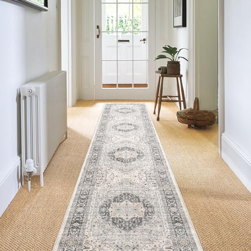 Carvapet Tappeto Corridore Antiscivolo 60x300cm Lungo Tappeti Runner Passatoia Grigio Medaglione Vintage Tappeti di Zona Lavabile Morbido Microfibra Tappeto Cucina