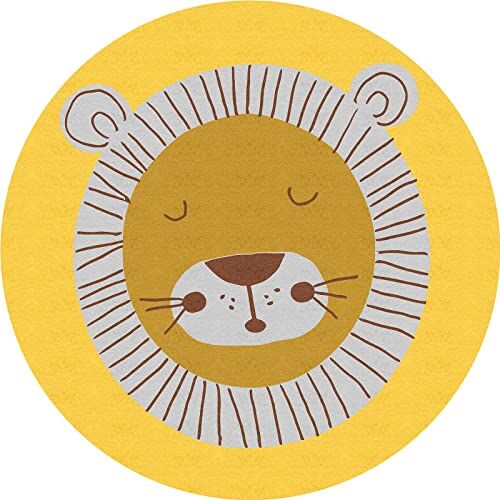 ARUGYTEI Tappeto rotondo per Bambini cameretta Bambine Bambini, Tappeti cameretta, motivo animale, Lion Cartoon motif,Sunstruck yellow,Curry Brown,Tawny Olive Yellow,ø 180 cm