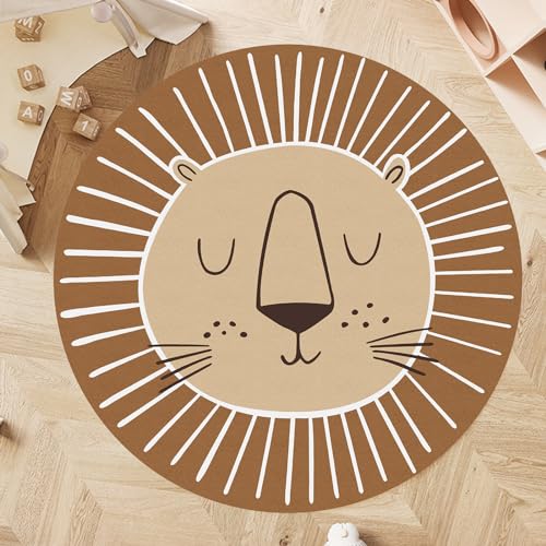 ARUGYTEI Rotondo Tappeto Motivo Leone per Bambini Cameretta Ragazzi Ragazze,Beige Brown Sugar, ø 110 cm,Brown Sugar, Beige, Bianco, Marrone cioccolato, Tappeto Pelo Corto con Animali Motivi