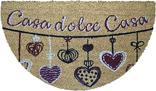 HOME ZEN HOUSEHOLD LINEN Zerbino art  in cocco naturale con stampe fantasiose tappeto ingresso casa asciuga passo con retro pvc antiscivolo per esterno e interno (40 X 70 CM MEZZALUNA, WELCOME CASA DOLCE CASA)