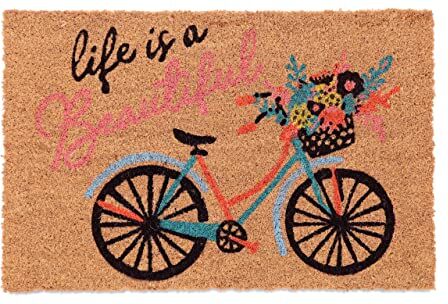 Relaxdays Zerbino in Fibra di Cocco, 60 x 40 cm, Life is a Beautiful Bike, Tappeto Interni Esterni Antiscivolo, Colorato