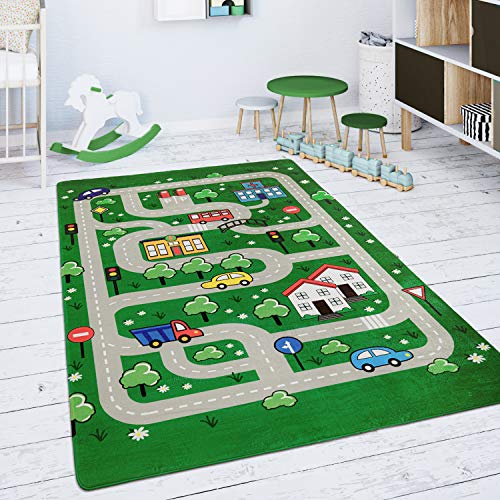 Paco Home Tappeto Bambini Cameretta Da Gioco Bebè Tappeto Stradale Verde, Dimensione:120x160 cm