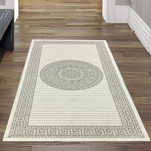 Teppich-Traum Tappeto moderno Orient soggiorno pelo corto corridoio ingresso runner corto orientale elegante lucido crema grigio 80x150 cm