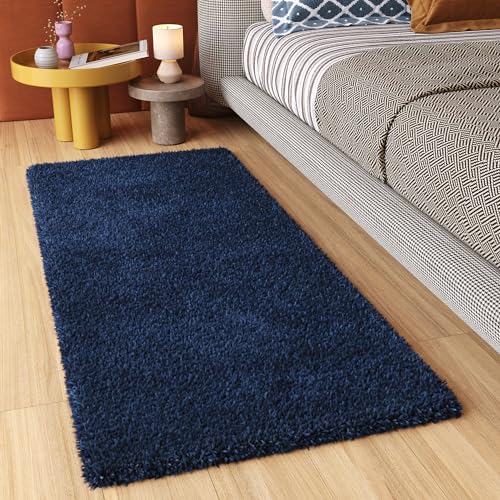 TAPISO Essence Tappeto Passatoia Peloso Tappeto Salotto Moderno Blu Scuro Soggiorno Ingresso Corridoio Sala Shaggy Pelo Lungo 80 x 500 cm