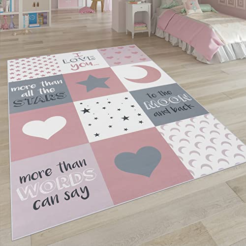 Paco Home Tappeto per i bambini, tappeto per la camera dei bambini con stelle, luna e motivi a quadri, Dimensione:80x150 cm, Colore:Pink