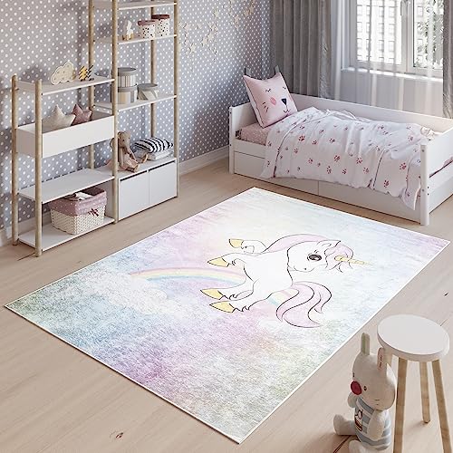 TAPISO Emma Tappeto Gioco Bambini Antiscivolo Lavabile in Lavatrice Design Stampato Morbido Motivo Animali Unicorno Rosa Blu Colorato Sala Giochi Cameretta Stanza Bambini 140 x 200 cm