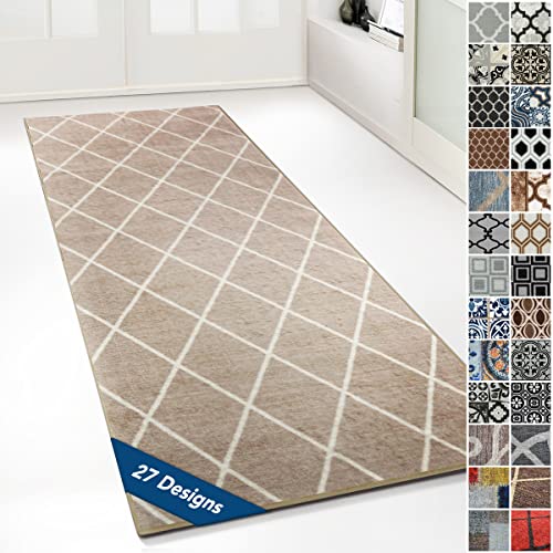 Floordirekt Tappeto passatoia con motivo, realizzato su misura, per cucina, corridoio e soggiorno, ornamento vintage a griglia orientale (80 x 300 cm, beige Cosenza