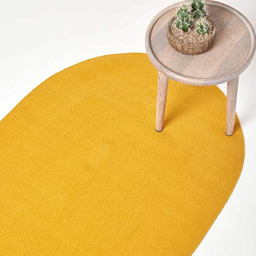HOMESCAPES Tappeto ovale artigianale in tessuto piatto in cotone, per la camera o il salotto, 60 x 90 cm, senape