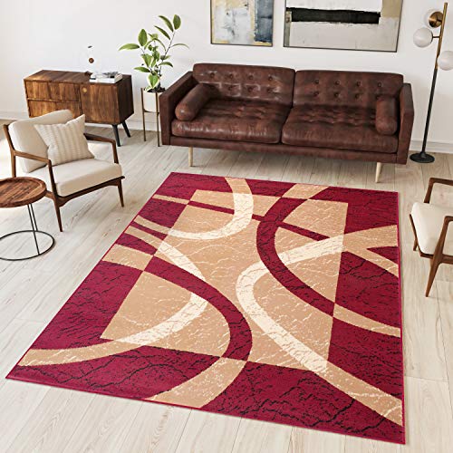 TAPISO Dream Tappeto Salotto Moderno Soggiorno Rosso Beige Astratto Cerchi Quadrato A Pelo Corto 60 x 100 cm