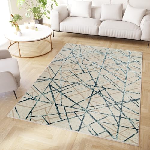 TAPISO Crystal Tappeto Pelo Corto Lucido Effetto 3D Design Moderno Motivo Astratto Geometrico Linee Tonalità Blu Beige Soggiorno Sala Camera Cameretta Sicuro OEKO-TEX 80 x 150 cm