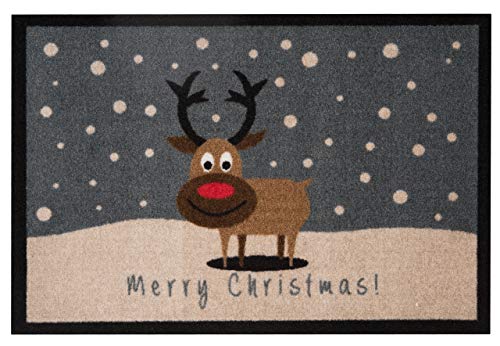 HANSE Home Hanse Design Home  Zerbino Zerbino Merry Christmas Reindeer Renna, Poliammide, Grigio Marrone, 40 x 60 x 0.7 cm