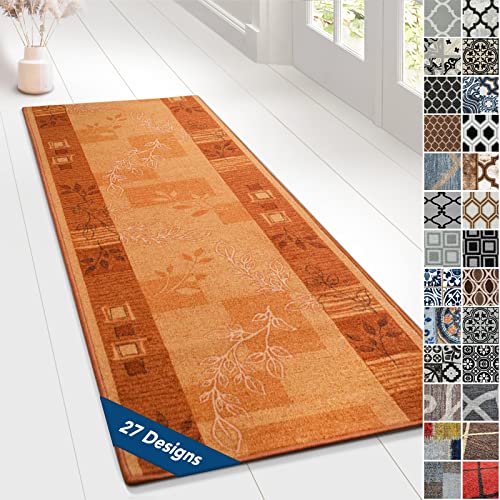 Floordirekt Tappeto passatoia con motivo, realizzato su misura, per cucina, corridoio e soggiorno, ornamento vintage a griglia orientale (80 x 400 cm, accento terra)