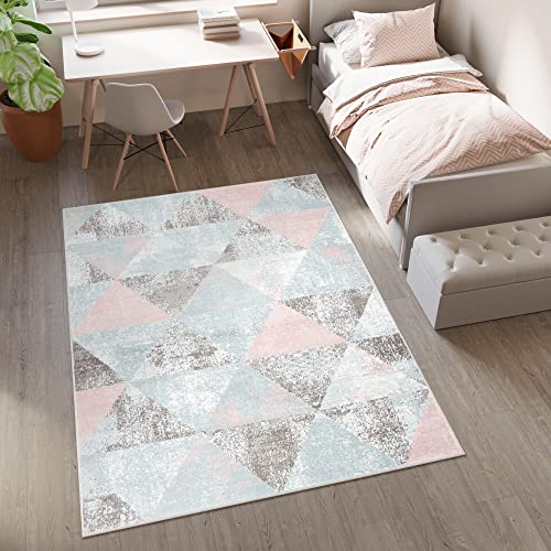 TAPISO Baby Tappeto Gioco Bambini Sala Giochi Cameretta Bambini Ragazzi Camera Morbido Motivo Geometrico Astratto Triangoli Multicolore Tonalità di Blu Rosa Grigio Pelo Corto 140 x 200 cm