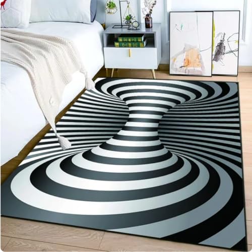 ZAMOUX Tappeto Vortex Illusion Nero Bianco Per Camera Da Letto Tappetino Tappeto Geometrico Astratto Vertigo Ottico Tappeto Antiscivolo Soggiorno 120x160cm