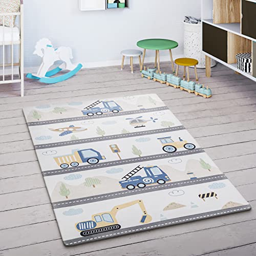 Paco Home Tappeto Bambini Cameretta Auto Bambini Strada Motivo Di Montagne Nuvola Crema Blu Grigio, Dimensione:120x160 cm