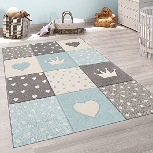 Paco Home Tappeto per bambini A quadri Cuori Corona Diversi colori e misure, Dimensione:133 cm quadrato, Colore:Blu