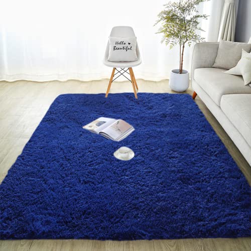 SUBEEN tappeto soggiorno, moquette camera da letto Soggiorno moderno tappeto Shaggy tappeto soggiorno Grande tappeto antiscivolo Camera da letto dei bambini (80x120cm, blu)