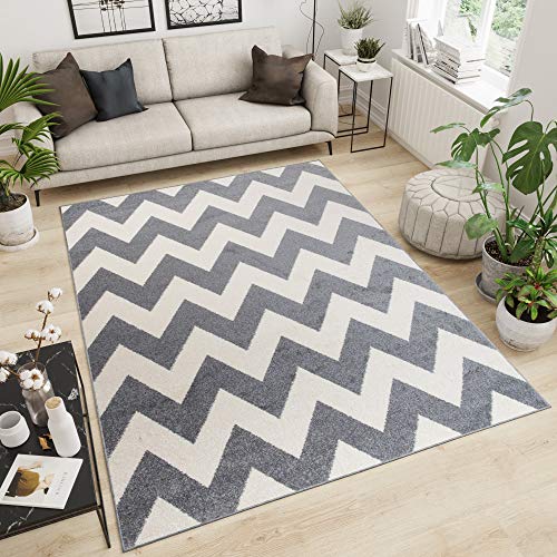 TAPISO Maroko Tappeto Camera Soggiorno Salotto Moderno Grigio Chiaro Ecrù Innovativo Zigzag A Pelo Corto 140 x 190 cm