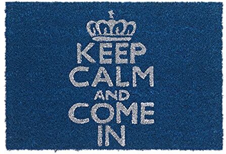 Relaxdays Zerbino da Ingresso, Fibra di Cocco, Scritta Inglese Keep Calm And Come in, 40x60 cm, Tappetino Porta, Blu, Azzurro, 50 x 65 cm