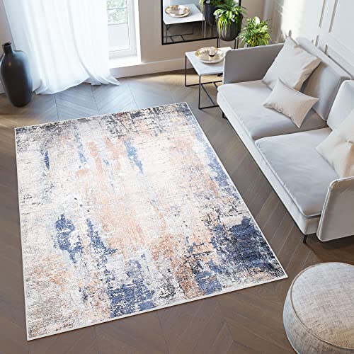 TAPISO Toscana Tappeto Soggiorno Antiscivolo Lavabile Pelo Corto Stampato Design Moderno Elegante Motivo Astratto Sfumato Tonalità Blu Scuro Rame Salotto Sala Camera 80 x 150 cm