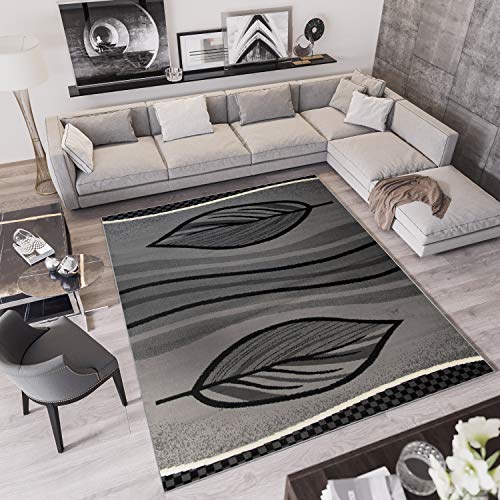 TAPISO Qmega Tappeto Soggiorno Pelo Corto Design Moderno Motivo Floreale Foglie Tonalità Grigio Nero Salotto Sala Camera Cameretta Ufficio OEKO-TEX 160 x 220 cm