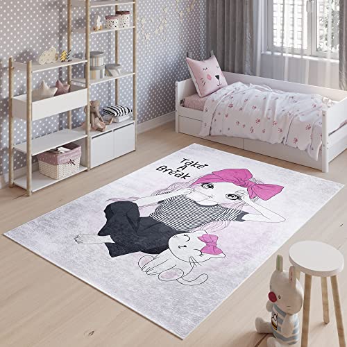 TAPISO Emma Tappeto Gioco Bambini Sala Giochi Cameretta Stanza Bambini Stampato Morbido Rosa Grigio Bambina Gatto Antiscivolo Lavabile in Lavatrice 80 x 150 cm