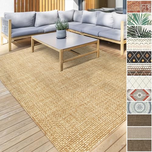 Floordirekt Tappeto per esterni, resistente alle intemperie e ai raggi UV, per terrazza, balcone, cucina, corridoio e soggiorno, robusto tappeto a pelo corto, lavabile, 80 x 150 cm, colore: beige Ella