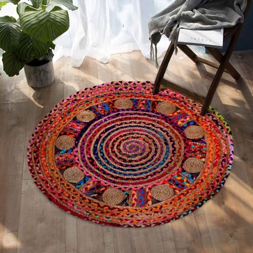 Gifiie Tappeto rotondo in iuta naturale, tappeto di iuta – 100% ecologico per il vostro soggiorno, sala da pranzo, camere da letto e cucine made in India (Rond-90 x 90 cm, Chindi-Jute)