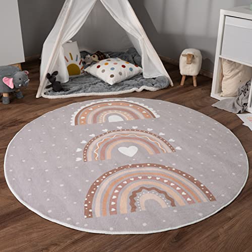 Paco Home Tappeto Bambini Cameretta Bambina Ragezzi Antiscivolo Arcobaleno Cuore Polkadot, Dimensione:Ø 120 cm tondo, Colore:Grigio-Beige