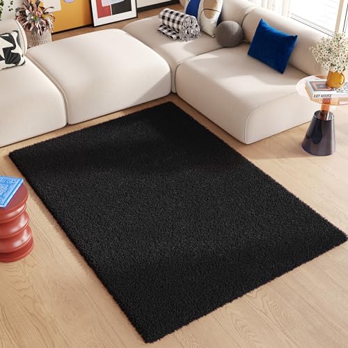 TAPISO Essence Tappeto Shaggy a Pelo Lungo Monocromatico Nero per Soggiorno Sala Camera da Letto Cameretta Morbido Resistente Sicuro OEKO-TEX 80 x 150 cm