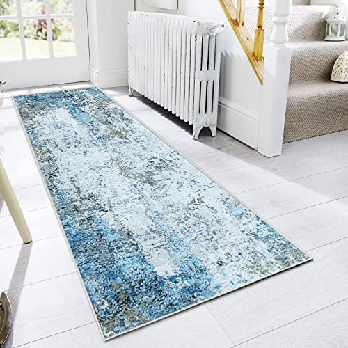 JURLEA Tappeto per corridoio Tappeto antiscivolo per corridoi cucina e soggiorno Non perde è lavabile e leggero (80 x 200 cm, Crema/Blu)