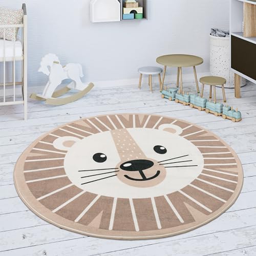 Paco Home Tappeto Bambini Cameretta Rotondo Ragazzi Ragazze Motivo Leone Beige Bianco, Dimensione:Ø 120 cm Tondo